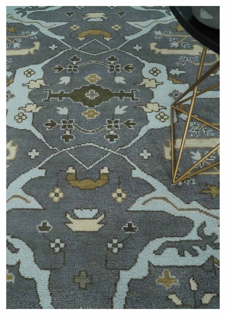 Hand Knotted 8x10 Oriental Oushak Charcoal, Aqua and Beige Wool Area Rug | TRDCP1184810 - The Rug Decor