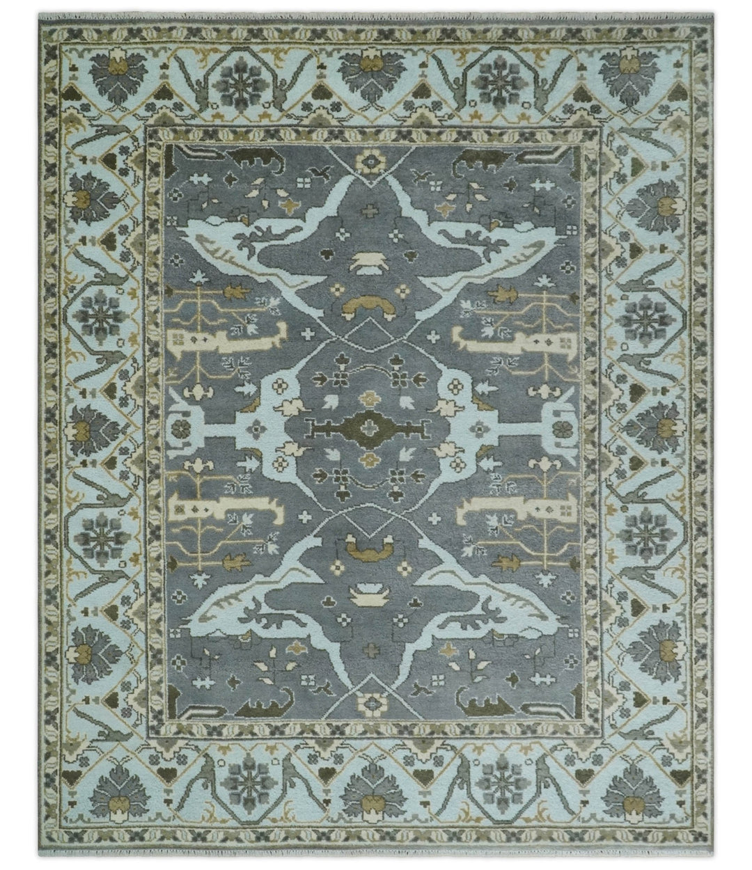 Hand Knotted 8x10 Oriental Oushak Charcoal, Aqua and Beige Wool Area Rug | TRDCP1184810 - The Rug Decor