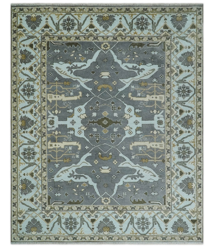 Hand Knotted 8x10 Oriental Oushak Charcoal, Aqua and Beige Wool Area Rug | TRDCP1184810 - The Rug Decor