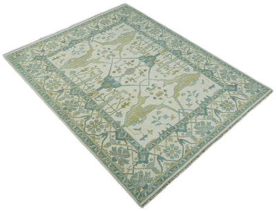 Hand Knotted 8x10 Oriental Oushak Ivory and Blue Wool Area Rug | TRDCP110810 - The Rug Decor