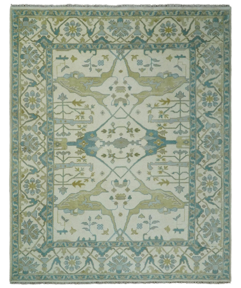 Hand Knotted 8x10 Oriental Oushak Ivory and Blue Wool Area Rug | TRDCP110810 - The Rug Decor
