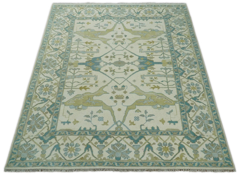 Hand Knotted 8x10 Oriental Oushak Ivory and Blue Wool Area Rug | TRDCP110810 - The Rug Decor