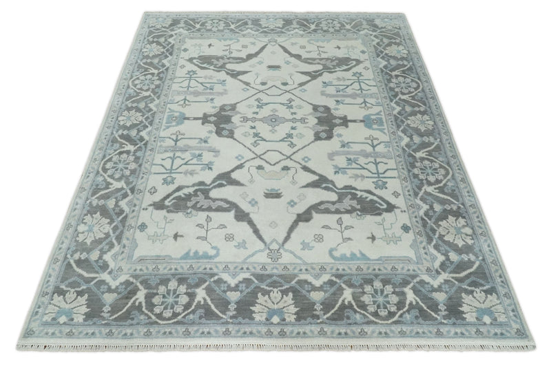 Hand Knotted 8x10 Oriental Oushak Ivory and Charcoal Wool Area Rug | TRDCP1170810 - The Rug Decor