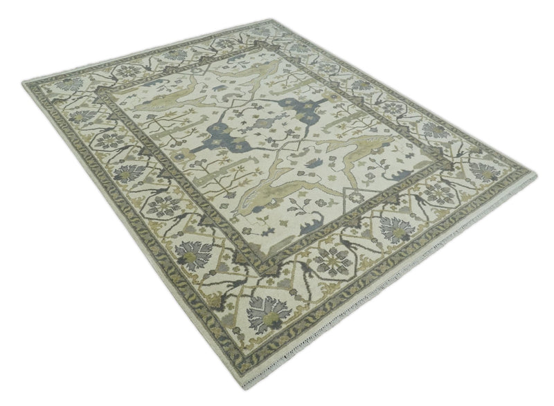 Hand Knotted 8x10 Oriental Oushak Ivory, Beige and Blue Wool Area Rug | TRDCP1179810 - The Rug Decor
