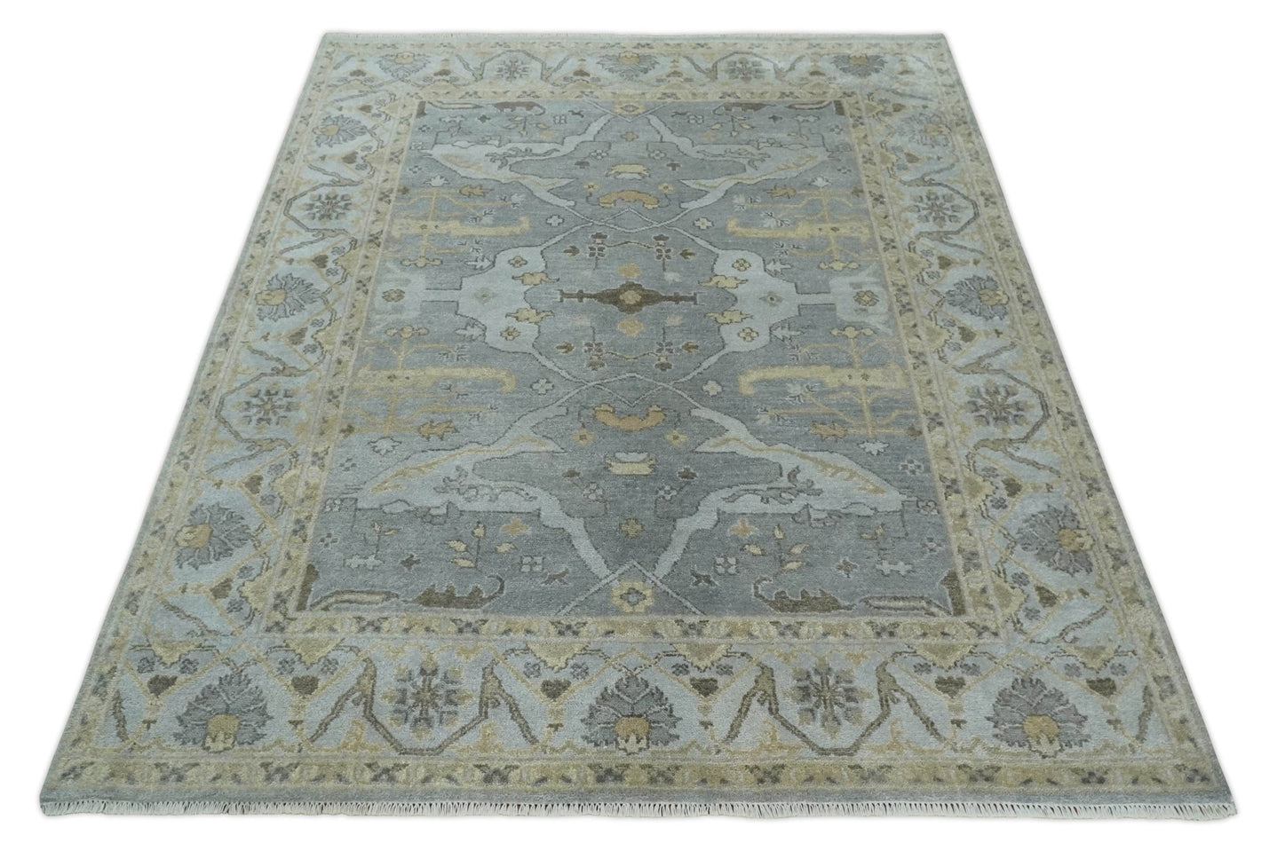 Hand Knotted 8x10 Oriental Oushak Silver and Beige Wool Area Rug | TRDCP1198810 - The Rug Decor