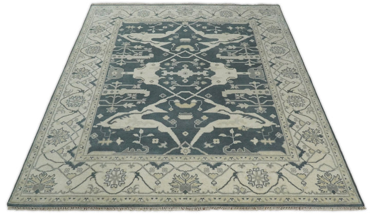 Hand Knotted 8x10 Oriental Oushak Teal and Ivory Wool Area Rug | TRDCP80810 - The Rug Decor