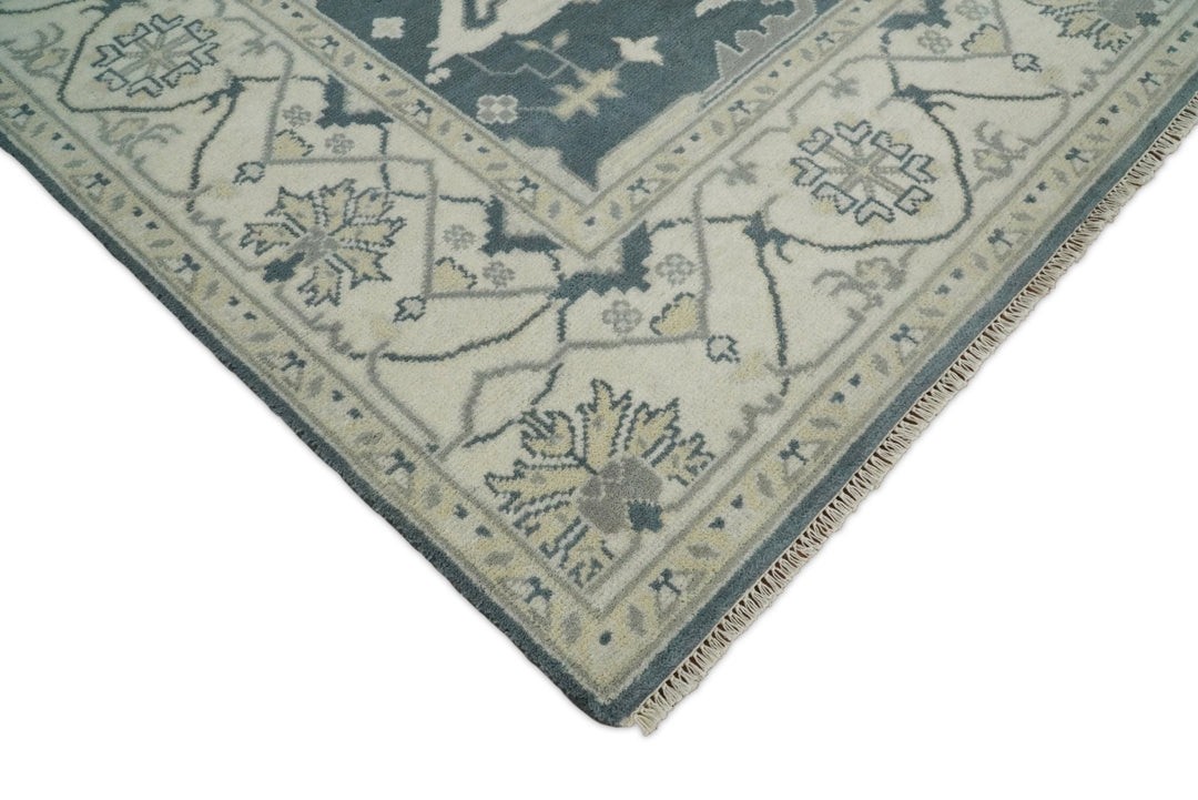Hand Knotted 8x10 Oriental Oushak Teal and Ivory Wool Area Rug | TRDCP80810 - The Rug Decor
