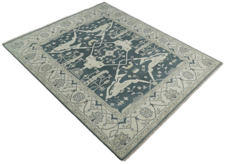 Hand Knotted 8x10 Oriental Oushak Teal and Ivory Wool Area Rug | TRDCP80810 - The Rug Decor