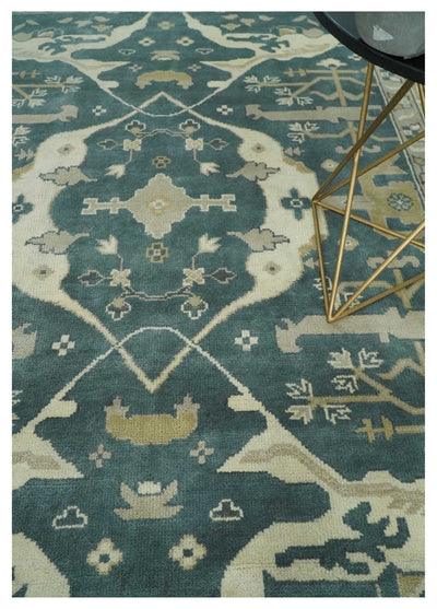 Hand Knotted 8x10 Oriental Oushak Teal, Ivory and Beige Wool Area Rug | TRDCP1128810 - The Rug Decor