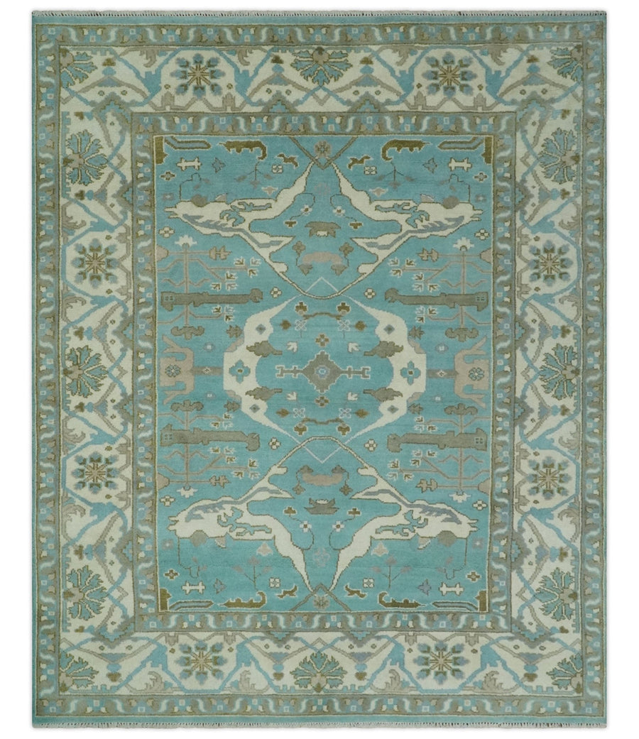 Hand Knotted 8x10 Oushak Aqua, Ivory and Brown Wool Area Rug - The Rug Decor