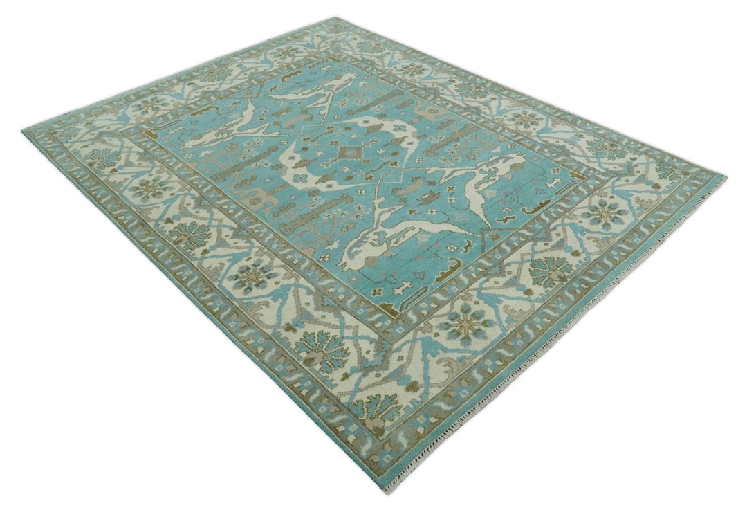 Hand Knotted 8x10 Oushak Aqua, Ivory and Brown Wool Area Rug - The Rug Decor