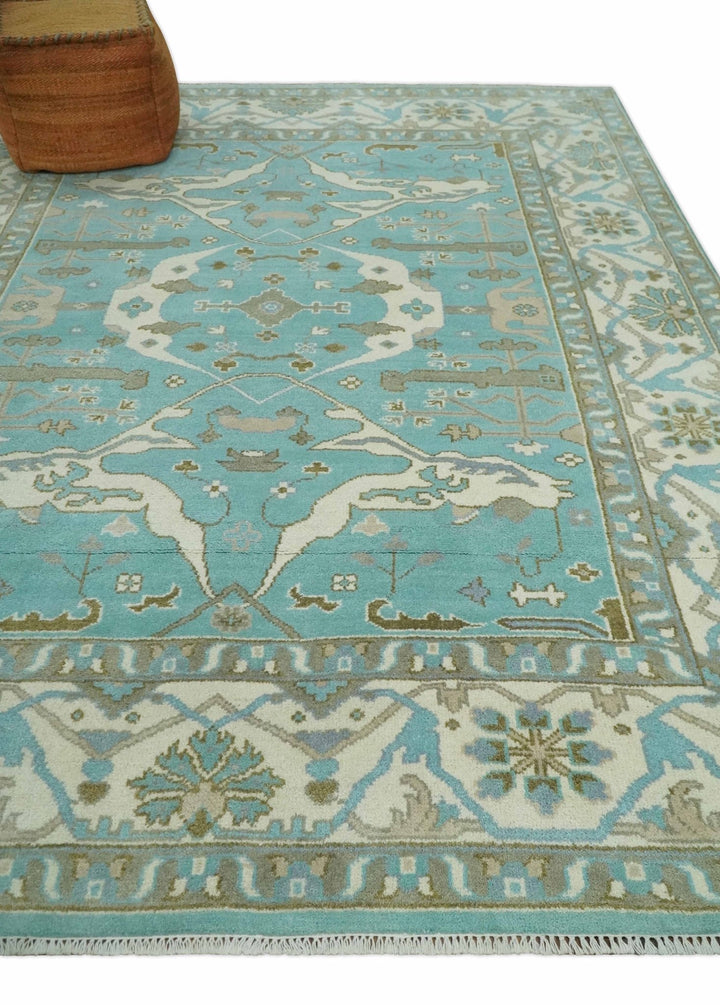 Hand Knotted 8x10 Oushak Aqua, Ivory and Brown Wool Area Rug - The Rug Decor