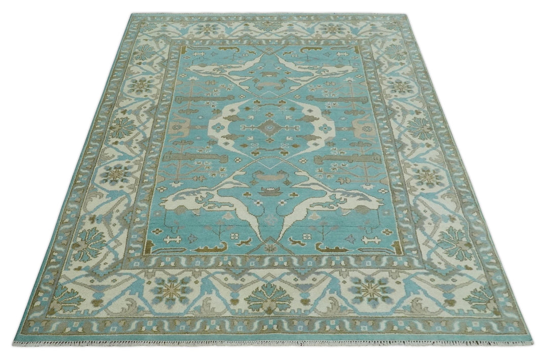 Hand Knotted 8x10 Oushak Aqua, Ivory and Brown Wool Area Rug - The Rug Decor