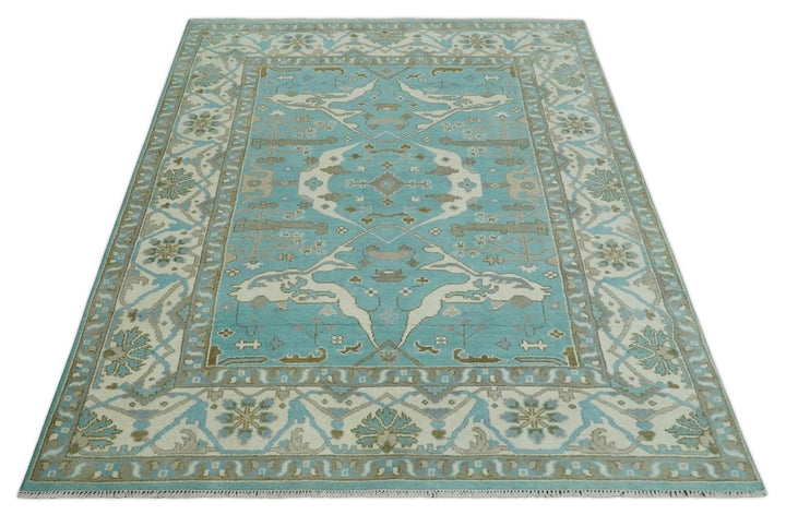 Hand Knotted 8x10 Oushak Aqua, Ivory and Brown Wool Area Rug - The Rug Decor