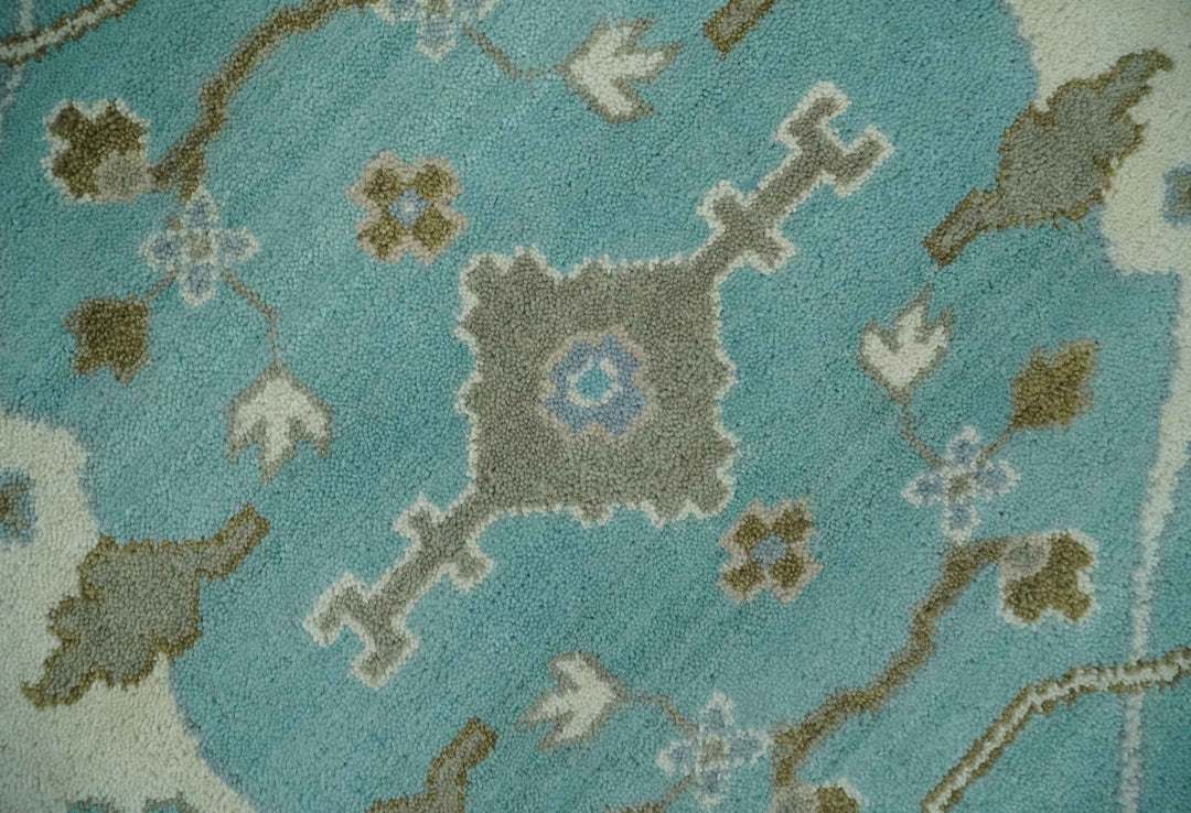 Hand Knotted 8x10 Oushak Aqua, Ivory and Brown Wool Area Rug - The Rug Decor