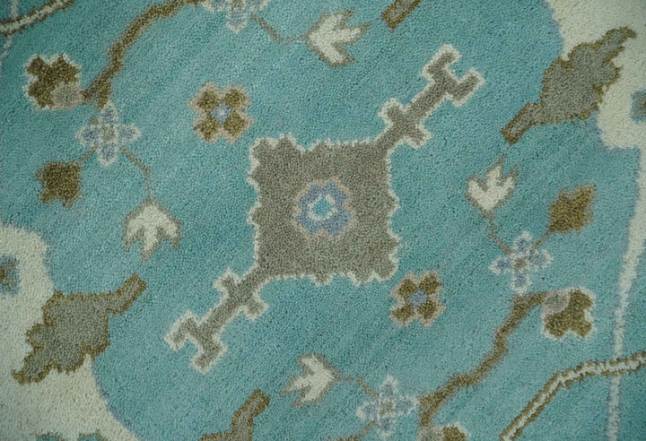 Hand Knotted 8x10 Oushak Aqua, Ivory and Brown Wool Area Rug - The Rug Decor