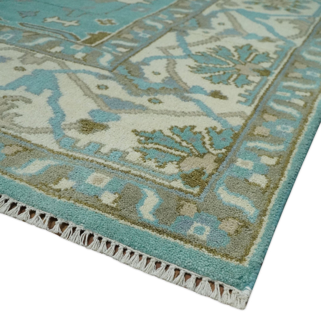 Hand Knotted 8x10 Oushak Aqua, Ivory and Brown Wool Area Rug - The Rug Decor