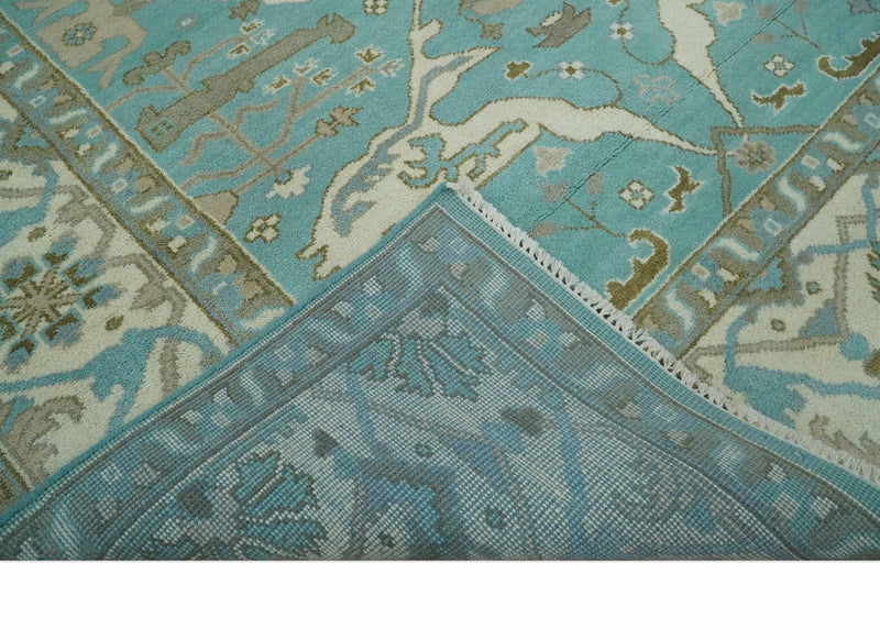 Hand Knotted 8x10 Oushak Aqua, Ivory and Brown Wool Area Rug - The Rug Decor