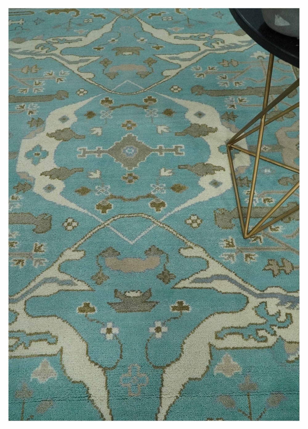 Hand Knotted 8x10 Oushak Aqua, Ivory and Brown Wool Area Rug - The Rug Decor
