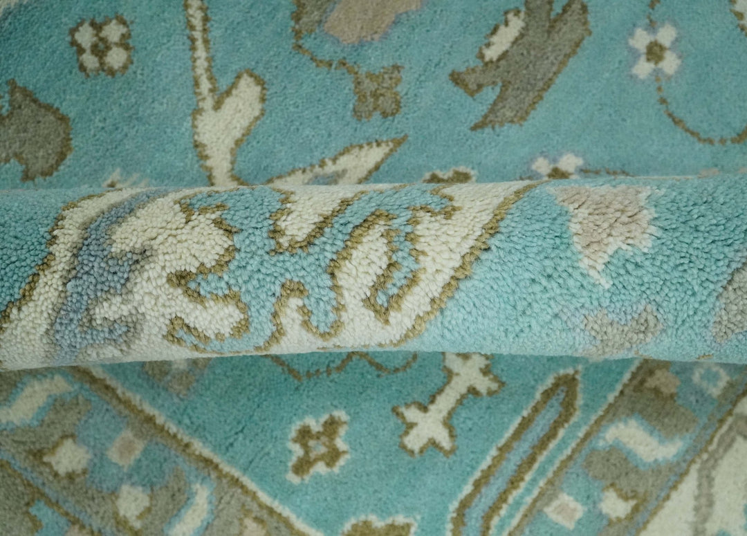 Hand Knotted 8x10 Oushak Aqua, Ivory and Brown Wool Area Rug - The Rug Decor