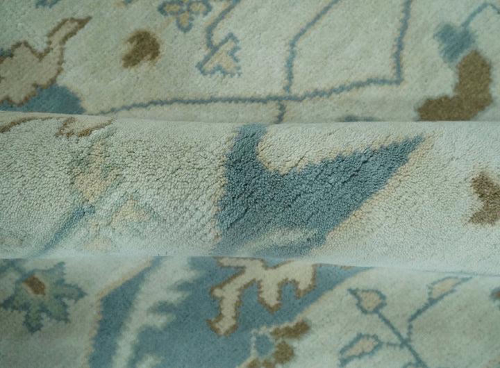 Hand Knotted 8x10 Persian Oushak Ivory, Blue and Brown Antique Wool Area Rug | TRDCP803810 - The Rug Decor