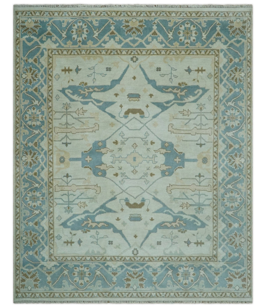 Hand Knotted 8x10 Persian Oushak Ivory, Blue and Brown Antique Wool Area Rug | TRDCP803810 - The Rug Decor