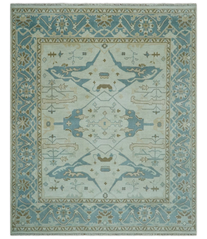 Hand Knotted 8x10 Persian Oushak Ivory, Blue and Brown Antique Wool Area Rug | TRDCP803810 - The Rug Decor