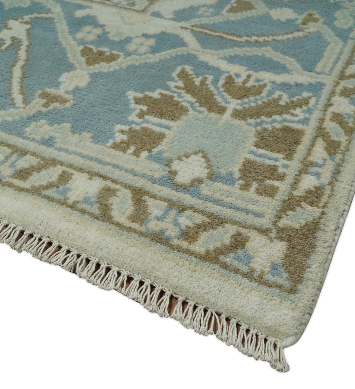 Hand Knotted 8x10 Persian Oushak Ivory, Blue and Brown Antique Wool Area Rug | TRDCP803810 - The Rug Decor
