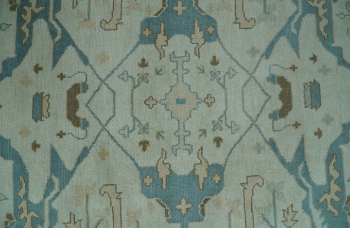 Hand Knotted 8x10 Persian Oushak Ivory, Blue and Brown Antique Wool Area Rug | TRDCP803810 - The Rug Decor