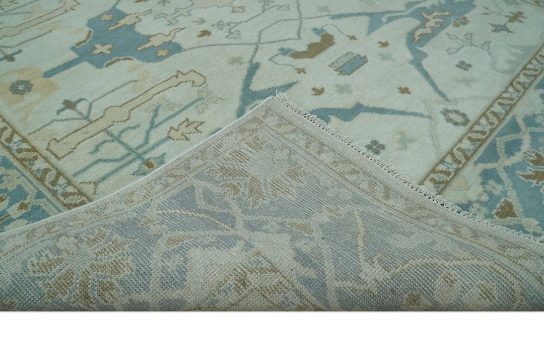 Hand Knotted 8x10 Persian Oushak Ivory, Blue and Brown Antique Wool Area Rug | TRDCP803810 - The Rug Decor