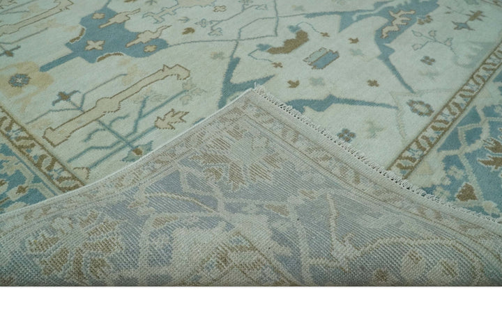 Hand Knotted 8x10 Persian Oushak Ivory, Blue and Brown Antique Wool Area Rug | TRDCP803810 - The Rug Decor