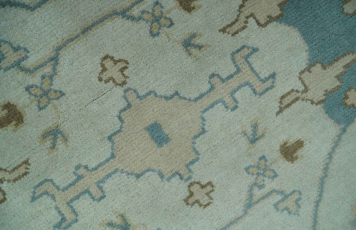 Hand Knotted 8x10 Persian Oushak Ivory, Blue and Brown Antique Wool Area Rug | TRDCP803810 - The Rug Decor