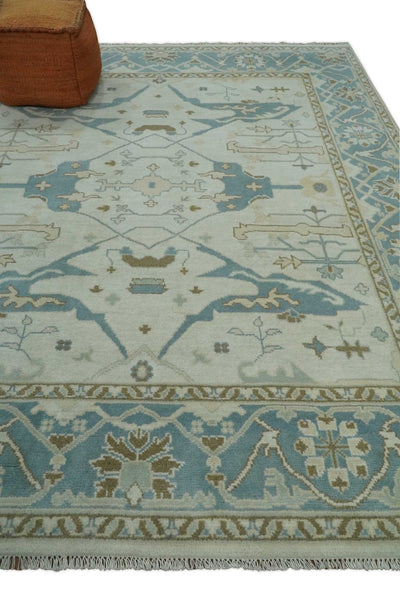 Hand Knotted 8x10 Persian Oushak Ivory, Blue and Brown Antique Wool Area Rug | TRDCP803810 - The Rug Decor