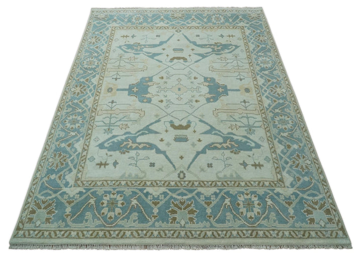 Hand Knotted 8x10 Persian Oushak Ivory, Blue and Brown Antique Wool Area Rug | TRDCP803810 - The Rug Decor
