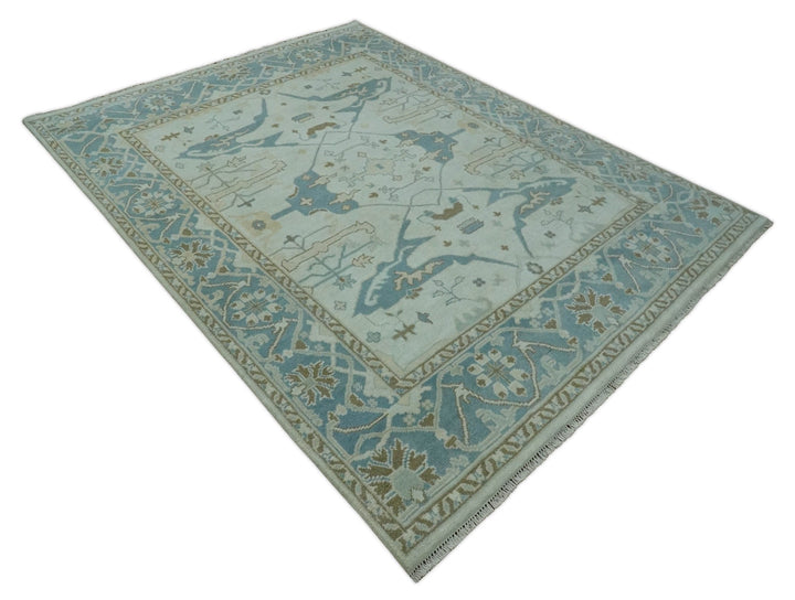 Hand Knotted 8x10 Persian Oushak Ivory, Blue and Brown Antique Wool Area Rug | TRDCP803810 - The Rug Decor