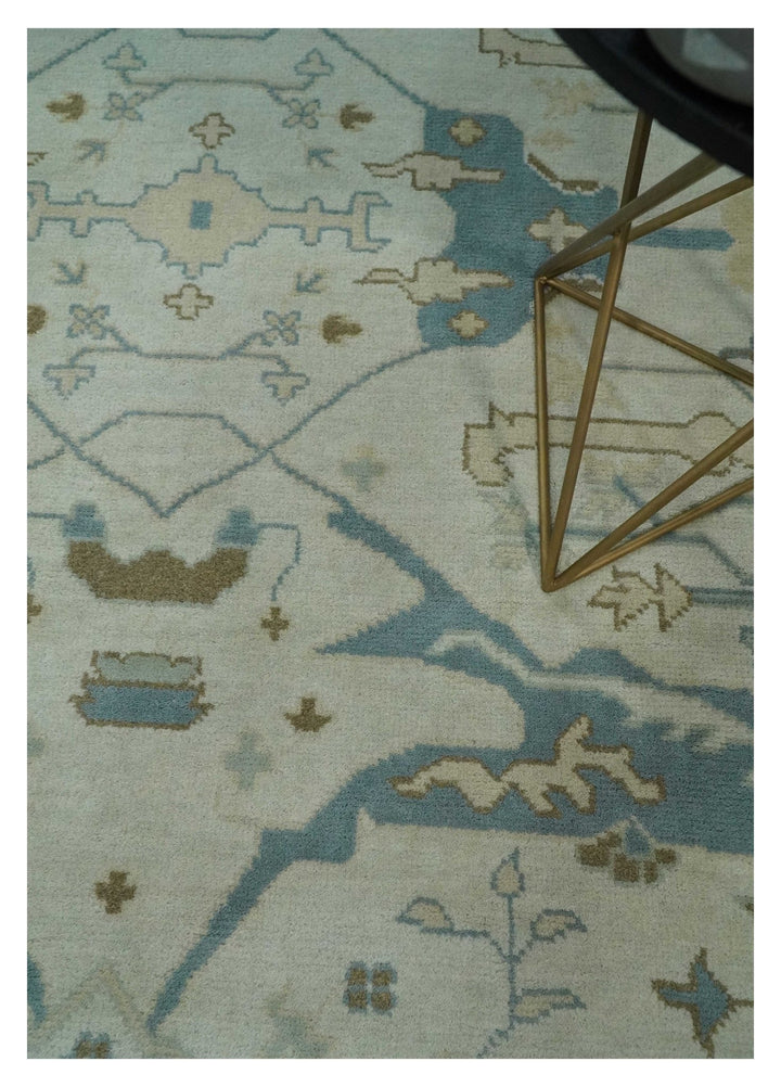 Hand Knotted 8x10 Persian Oushak Ivory, Blue and Brown Antique Wool Area Rug | TRDCP803810 - The Rug Decor