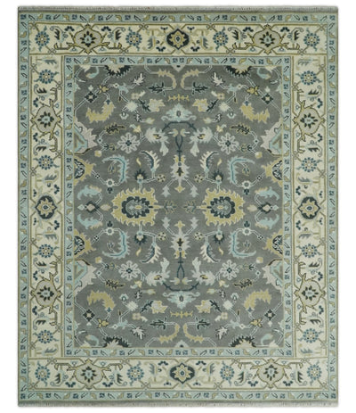 Hand Knotted 8x10 Silver and Ivory Floral Oushak Persian Wool Area Rug | TRDCP1148810 - The Rug Decor