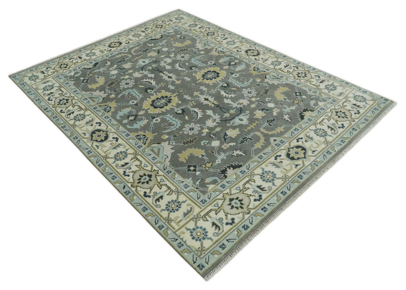 Hand Knotted 8x10 Silver and Ivory Floral Oushak Persian Wool Area Rug | TRDCP1148810 - The Rug Decor