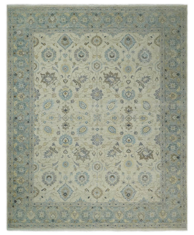 Hand Knotted 8x10 Traditional Oxidized Textured Ivory and Blue Low Pile Wool Rug | TRD2036810 - The Rug Decor
