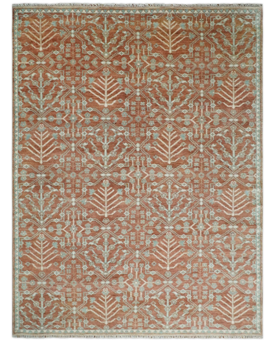 Hand knotted 9.4x12 Rust and Aqua Floral Tree wool Area Rug - The Rug Decor