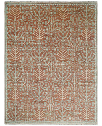 Hand knotted 9.4x12 Rust and Aqua Floral Tree wool Area Rug - The Rug Decor