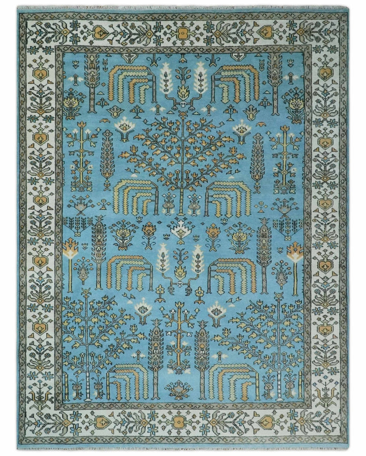 Hand Knotted 9x12 Aqua, Ivory and Beige Traditional Turkish Design Wool Rug - The Rug Decor