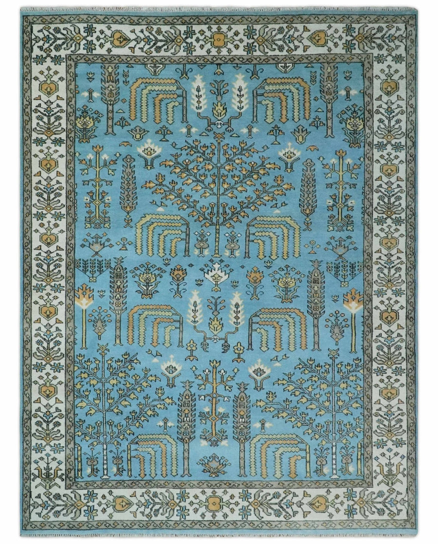 Hand Knotted 9x12 Aqua, Ivory and Beige Traditional Turkish Design Wool Rug - The Rug Decor