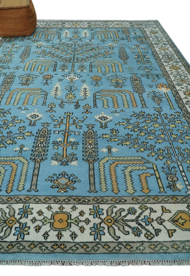 Hand Knotted 9x12 Aqua, Ivory and Beige Traditional Turkish Design Wool Rug - The Rug Decor