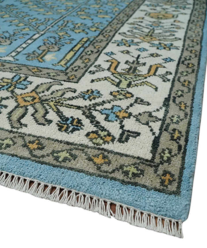 Hand Knotted 9x12 Aqua, Ivory and Beige Traditional Turkish Design Wool Rug - The Rug Decor