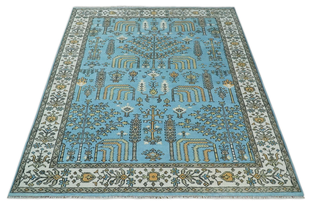Hand Knotted 9x12 Aqua, Ivory and Beige Traditional Turkish Design Wool Rug - The Rug Decor