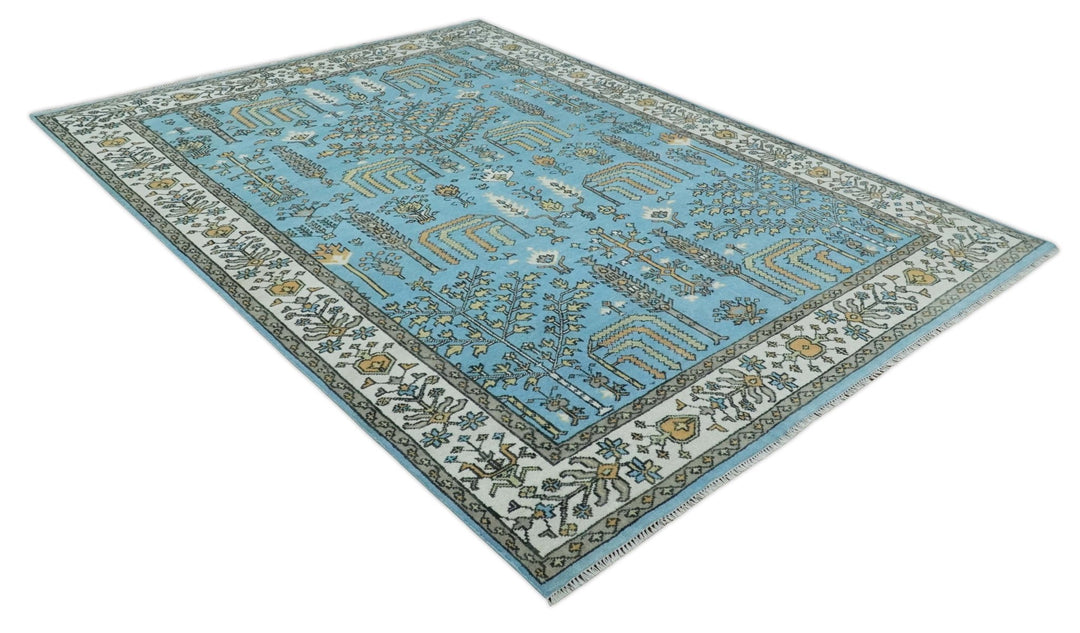 Hand Knotted 9x12 Aqua, Ivory and Beige Traditional Turkish Design Wool Rug - The Rug Decor