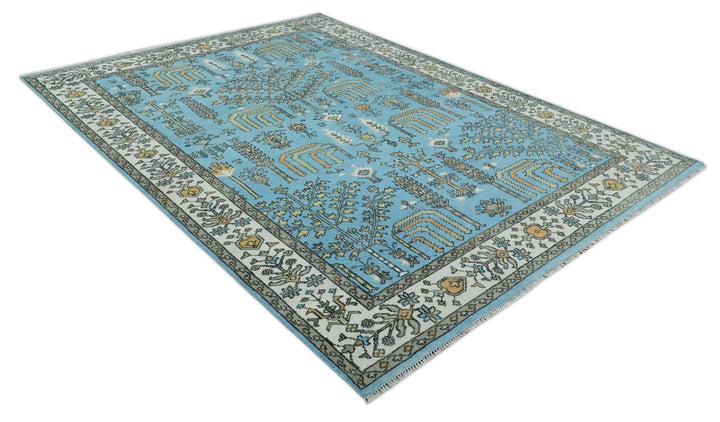 Hand Knotted 9x12 Aqua, Ivory and Beige Traditional Turkish Design Wool Rug - The Rug Decor