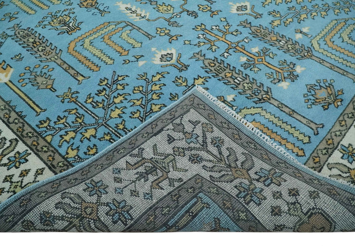 Hand Knotted 9x12 Aqua, Ivory and Beige Traditional Turkish Design Wool Rug - The Rug Decor