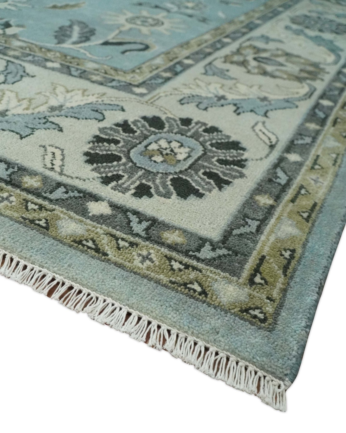Hand Knotted 9x12 Blue and Ivory Traditional Persian Oushak Wool Rug | TRDCP908912 - The Rug Decor